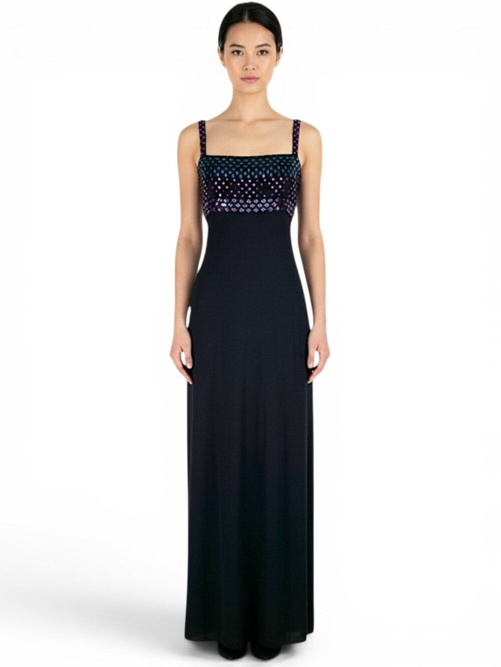 St. John Evening Long Black Purple Blue Shimmer Paillette Sequin Trim Dress 10